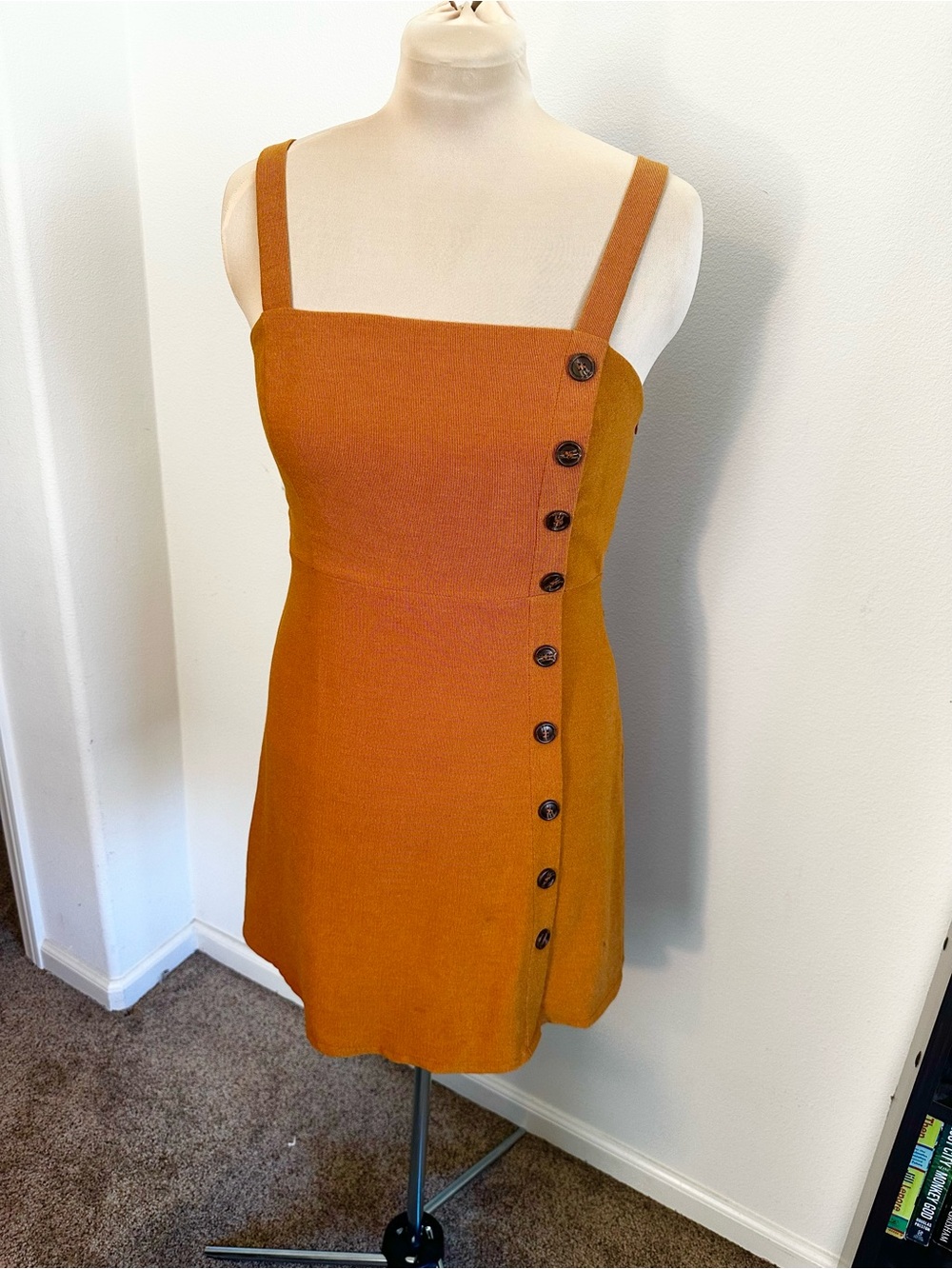 Essue Rust Orange Square Neck Button Detail Mini Dress Fall Boho Large